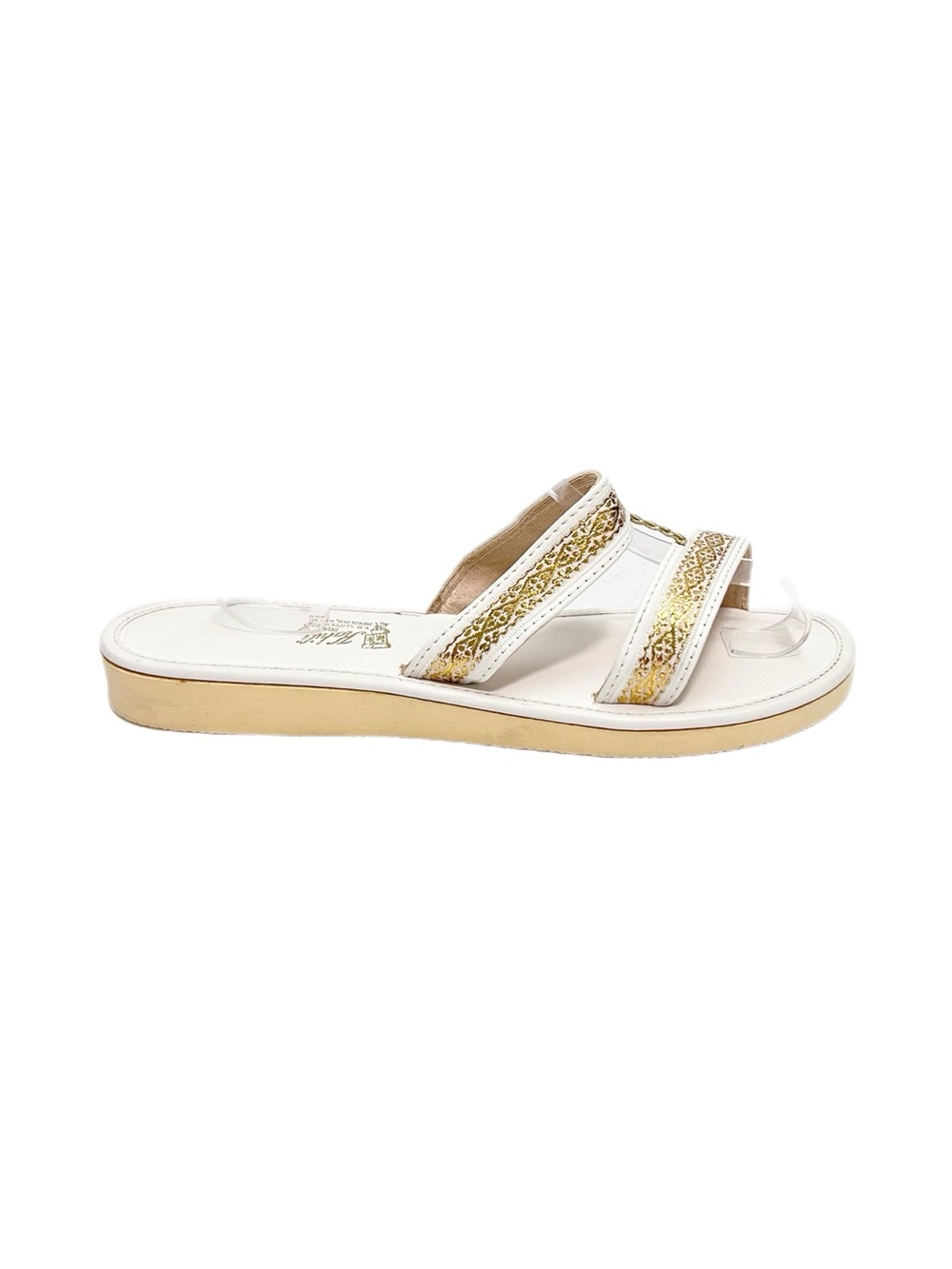 Vintage 1980s deadstock white vegan leather gold ribbon trimmed strappy sandals